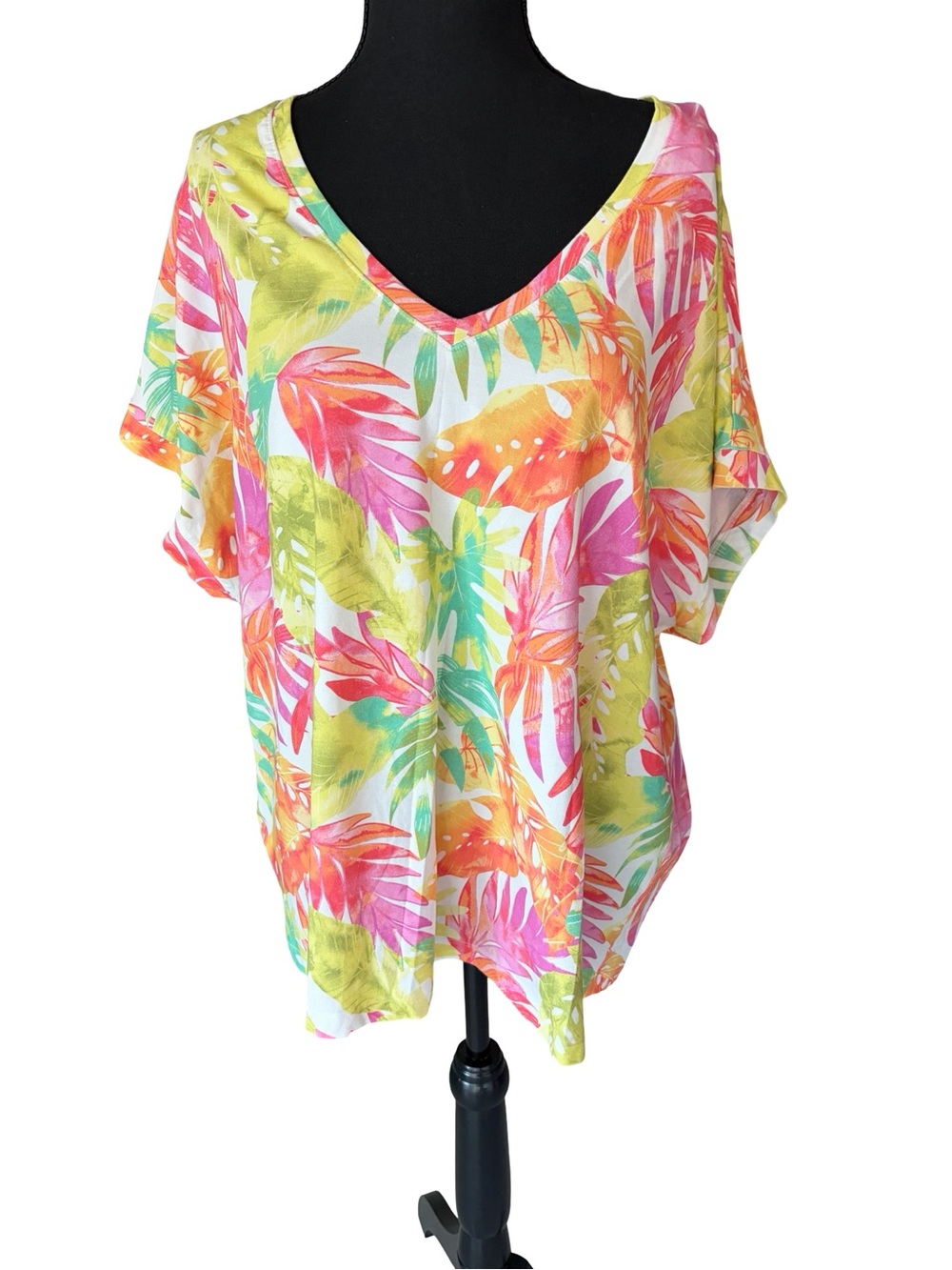 Tommy Bahama Tropical Leaf V-Neck Tunic in Pink, Green & Orange
